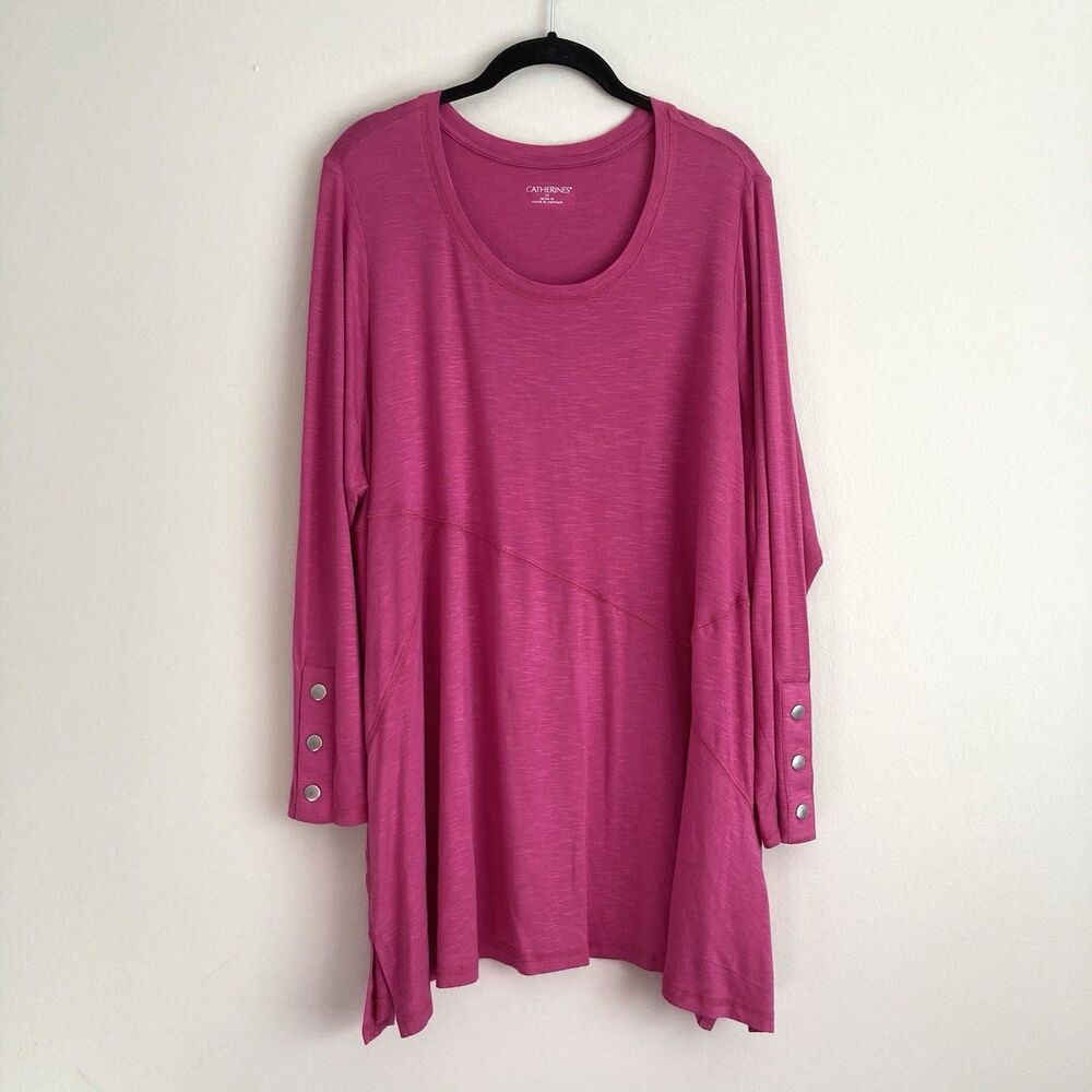 Catherines Womens Plus Pink Tunic Top Size 1X Buttons Scoop Neck Lightweight